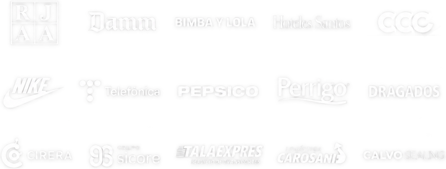 RJ AA, Damm, Bimba y Lola, Hoteles Santos, CCC, Nike, Telefónica, PepsiCo, Perrigo, Dragados, Cirera, Grupo Sicore, Tala Expres, Logística Carosan, Calvo Sealing